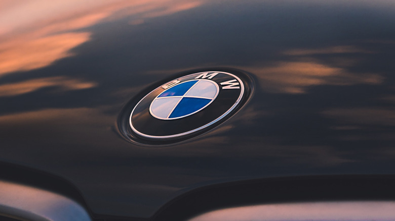 The BMW logo on the front of a car parked at sunset.