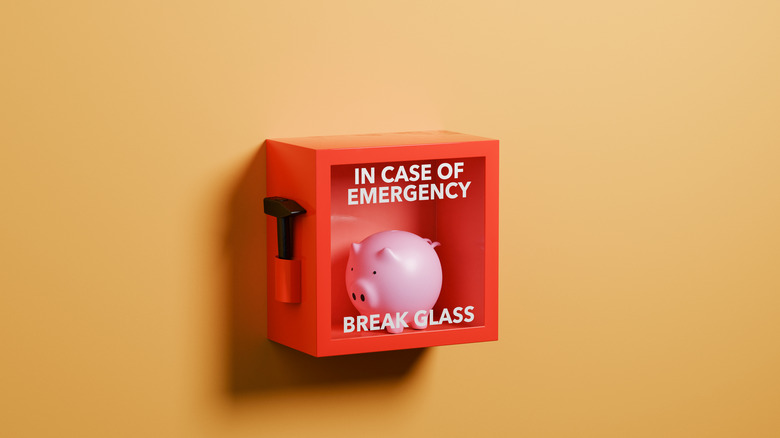 emergency fund piggy bank behind emergency glass