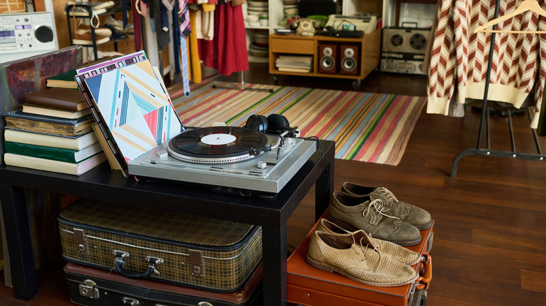 inside of a thrift shop with records and vintage items