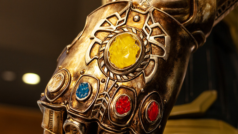 Close up of the infinity stone gauntlet from Avengers movies