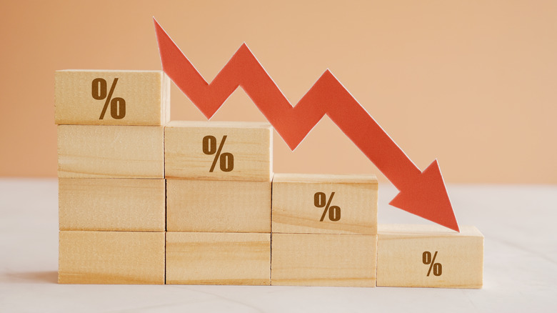 Wooden blocks with percentage sign and down arrow, representing depreciation.