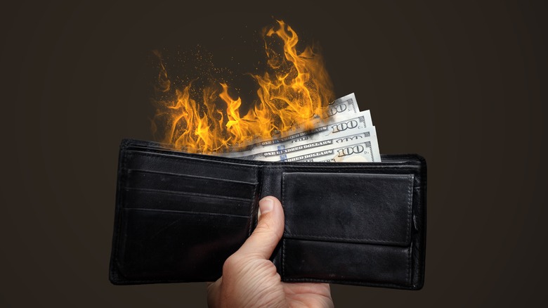 Burning dollar banknotes in wallet showing concept of wasting money.