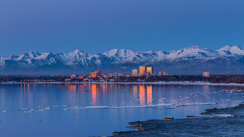 The snowcapped Chugach Mountains in Anchorage, Alaska, United States