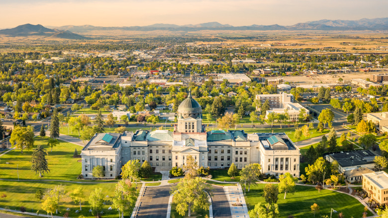 A drone view of the Montana State Capitol, in Helena, Montana on a sunny afternoon.