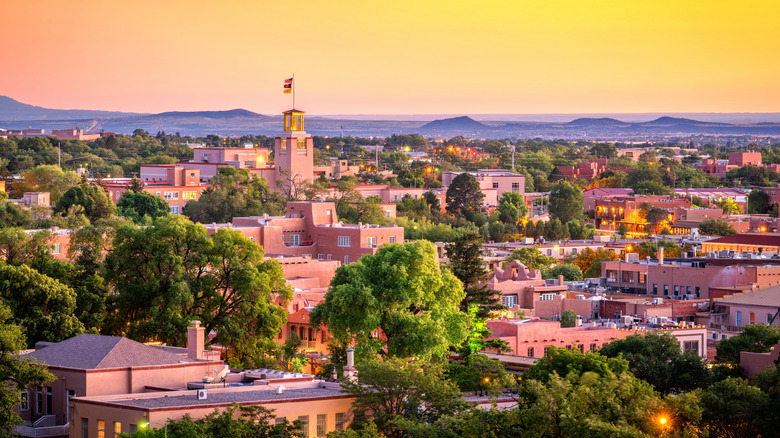 An aerial view of Santa Fe, New Mexico at sunset.