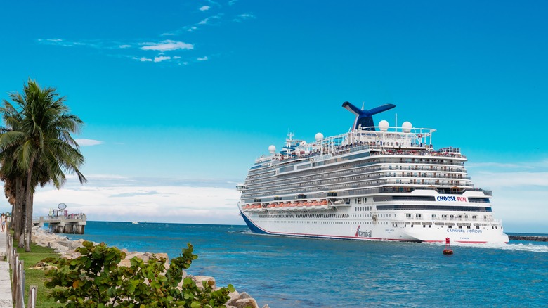 Cruise ship sailing away from island