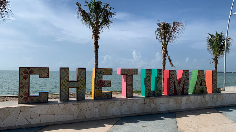Close up view of colorful Chetumal sign near the beach
