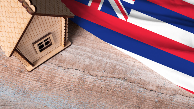 House model near Hawaii flag.