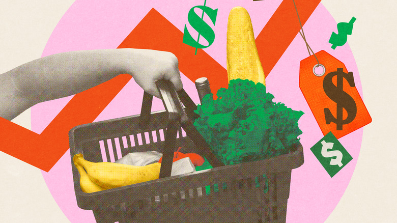 Shopping basket filled with groceries against background of rising price indicators and dollar symbols