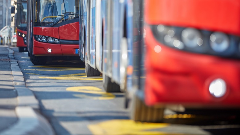 Public transportation bus in urban surroundings.