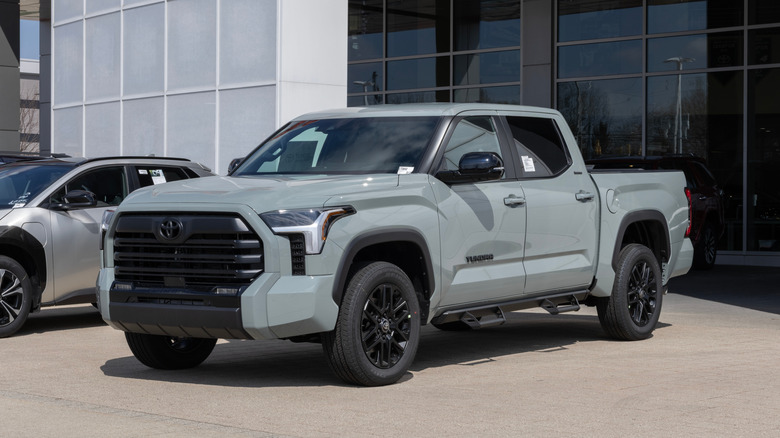 A grey Toyota Tundra on display at a dealership.