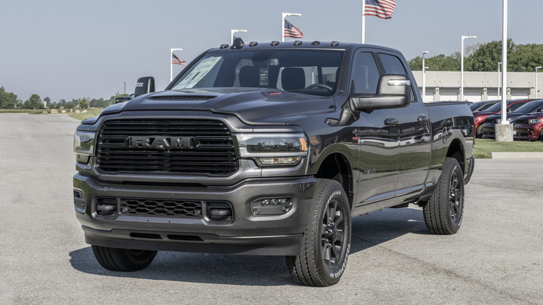 A dark grey Ram 2500 Laramie Crew Cab 4X4 on display.