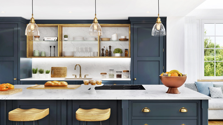modern kitchen with an island and pendant lights