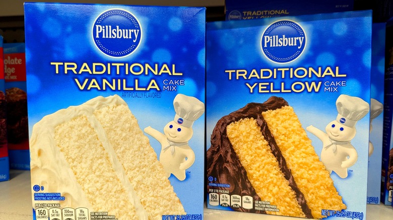 Close up of boxes of traditional vanilla and yellow cake mix