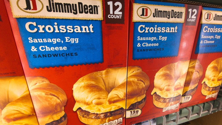 Boxes of Jimmy Dean crossaint sausage, egg and cheese sandwiches