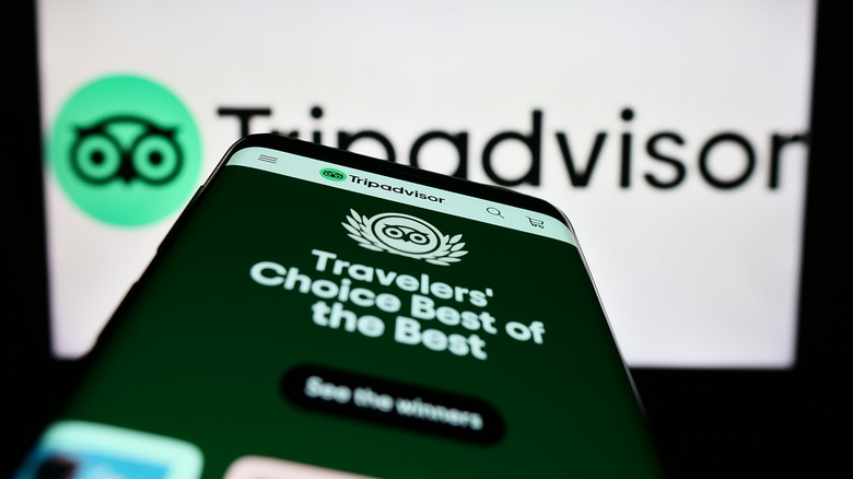 TripAdvisor logo on screen and phone