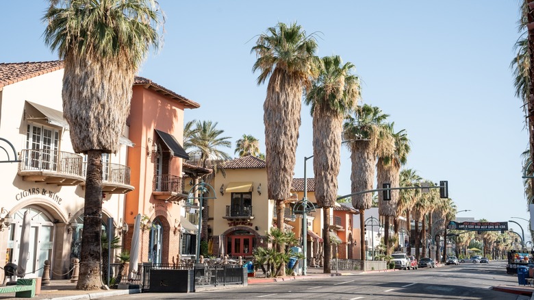View of downtown shopping district in Palm Springs California.