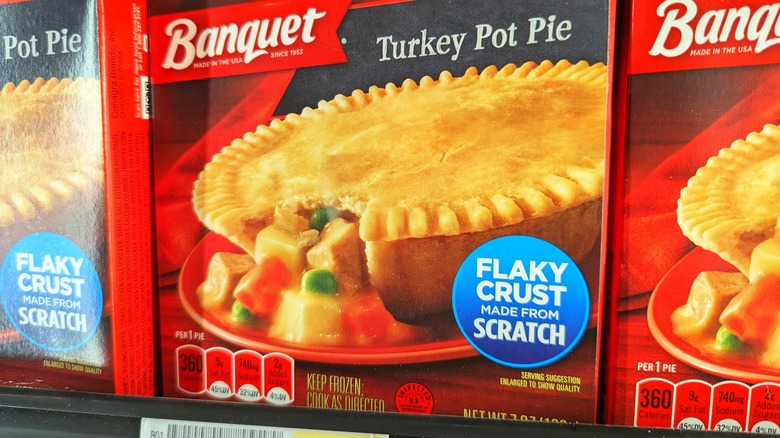 Close up of frozen turkey pot pies from Banquet