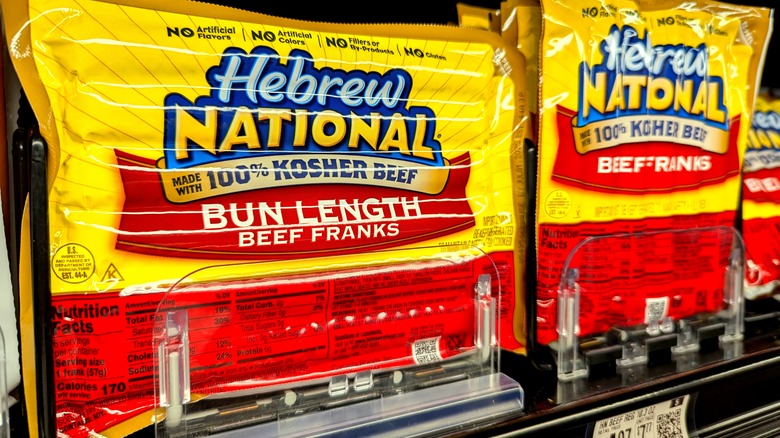 Close up of packages of hot dogs in Hebrew National packages