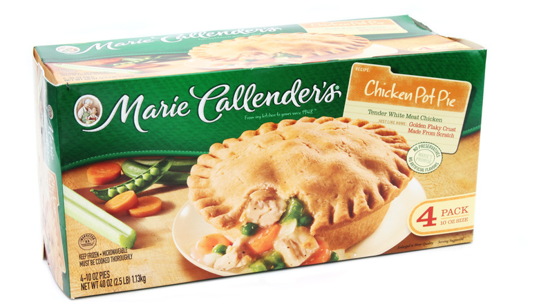 A box of Marie Callender's chicken pot pie against a white background
