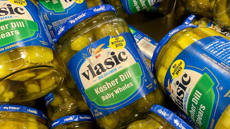 A pile of Vlasic Hosher dill pickles