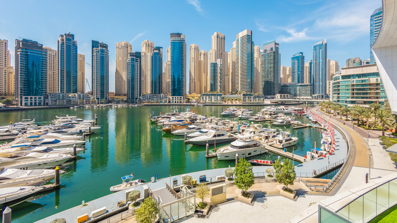 Yachts are moored at city in Dubai Marina.