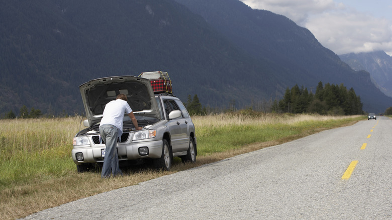 standing with broken down car