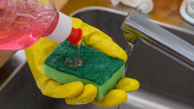 gloved hand squirts dish washing liquid onto sponge