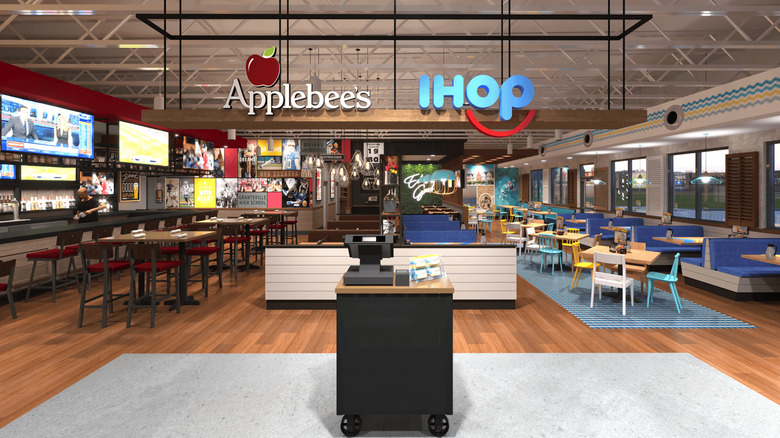 A head-on, wide shot of the shared dining room of the combination Applebee's and IHOP restaurant in Seguin, TX.