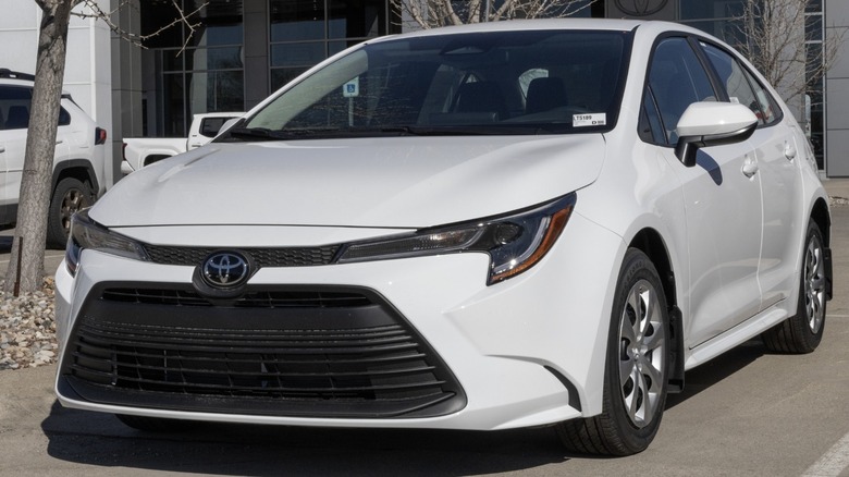 White Toyota Corolla sedan parked outside a dealership