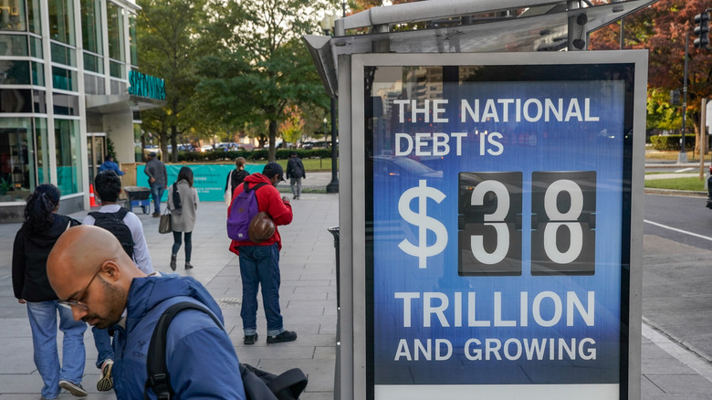 Sign showing $38 trillion national debt