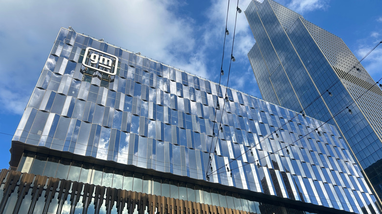 upward look at GM's Detroit headquarters with metal louvers