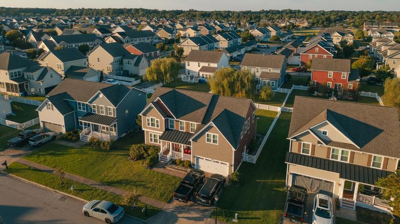 overhead view of large houses in a neighborhood