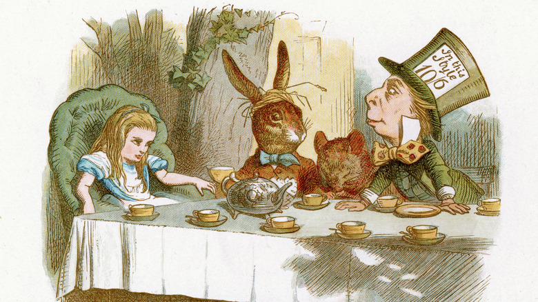 An illustration of Alice, the Mad hatter, and the March Hare from Alice in Wonderland