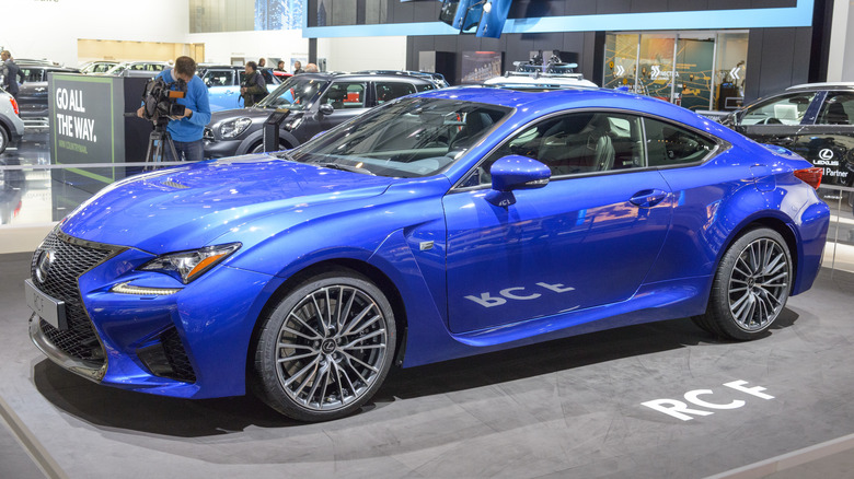 Blue Lexus RC F Sports Coupe car on display during the 2015 Brussels motor show.