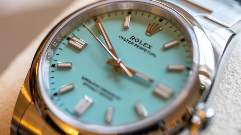 A Tiffany Blue faced Rolex Oyster Perpetual watch
