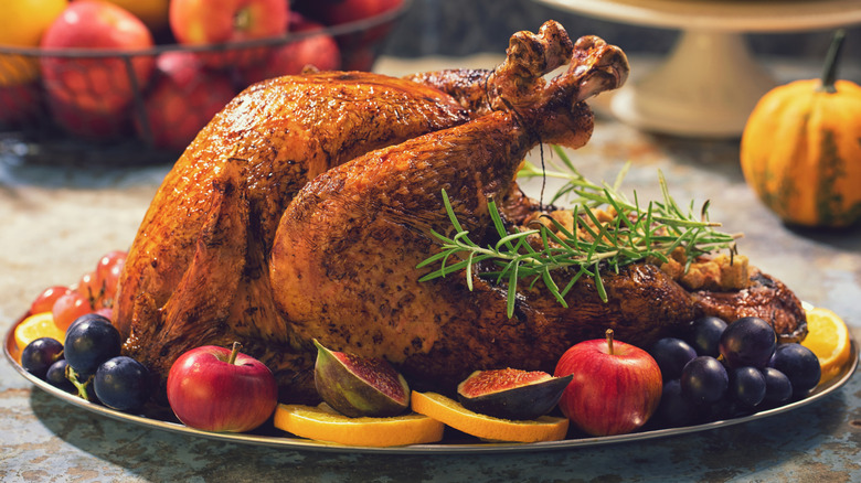 A glamor shot of a roasted turkey on a plate, surrounded by holiday trimmings and seasonal fruit