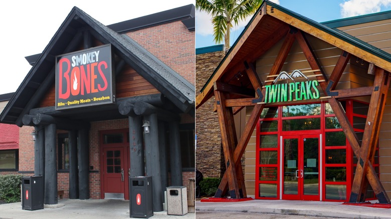 Side by side of the remarkably similar Smokey Bones and Twin Peaks restaurant frames.