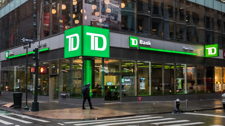 Exterior of a TD Bank building at night
