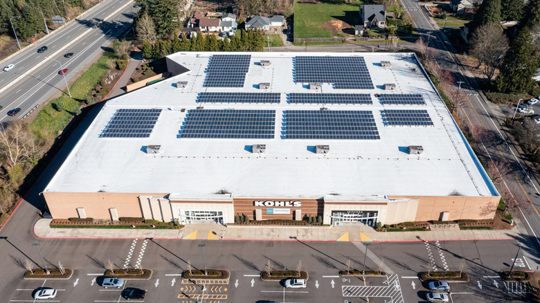 Aerial view of Beaverton, Oregon Kohl's department store with rooftop solar panels