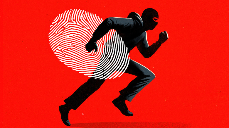 An artistic representation of a thief making off with a fingerprint, or genetic information, against a red background.