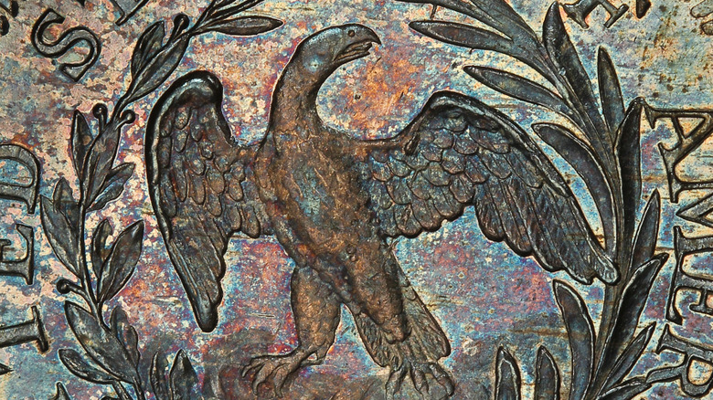 Close up of the small eagle on the reverse of the 1796 Draped Bust quarter, from PGS.