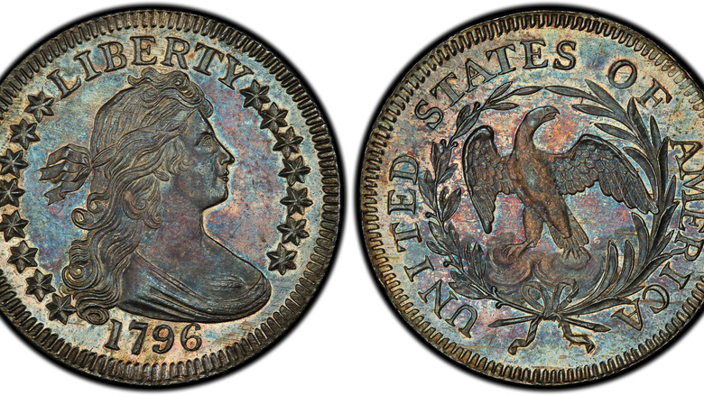 Side-by-side of obverse and reverse sides of 1796 Draped Bust small eagle quarter on a white background, via PCGS.