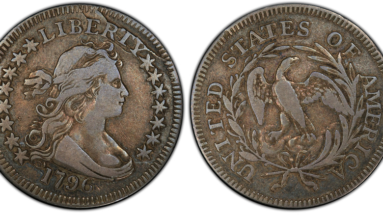 A very worn example of the 1796 Draped Bust quarter with obverse and reverse side by side against a white background, from PCGS.