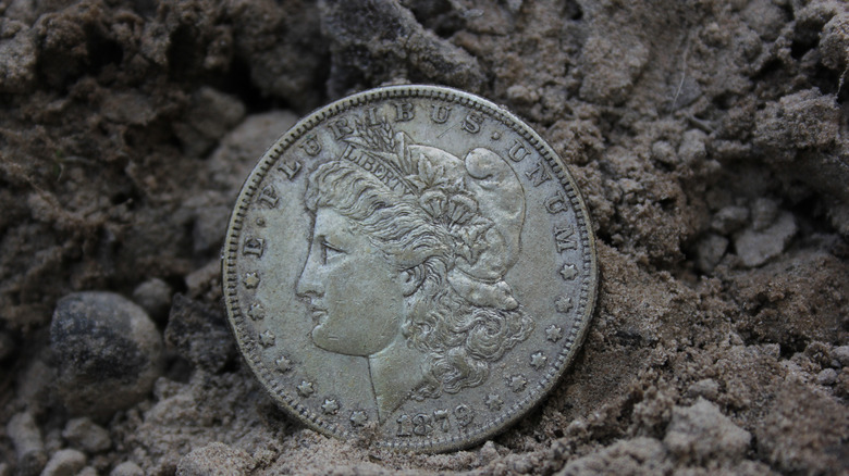 1879 Morgan Silver Dollar On Ground in Dirt Front