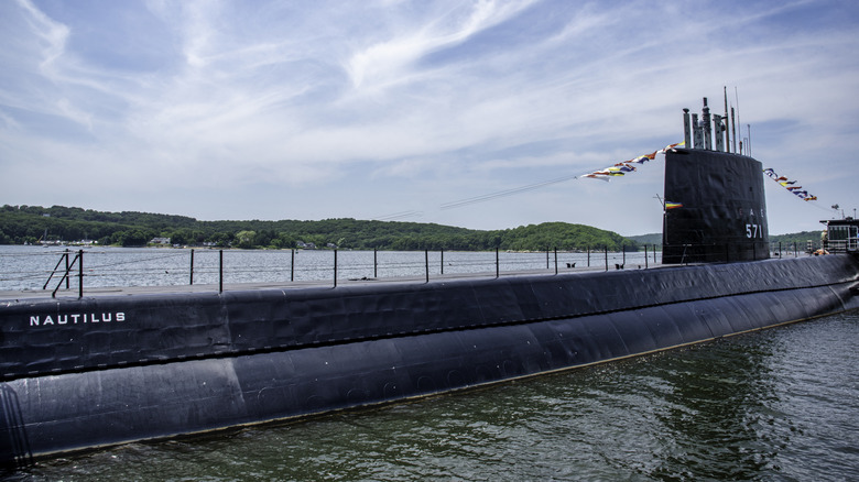 The Nautilus submarine in port in Groton, CT, where it operates as a boardable museum.