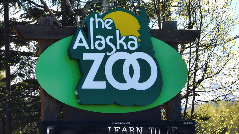 Green sign at the Alaska Zoo in Anchorage, Alaska on a spring day.