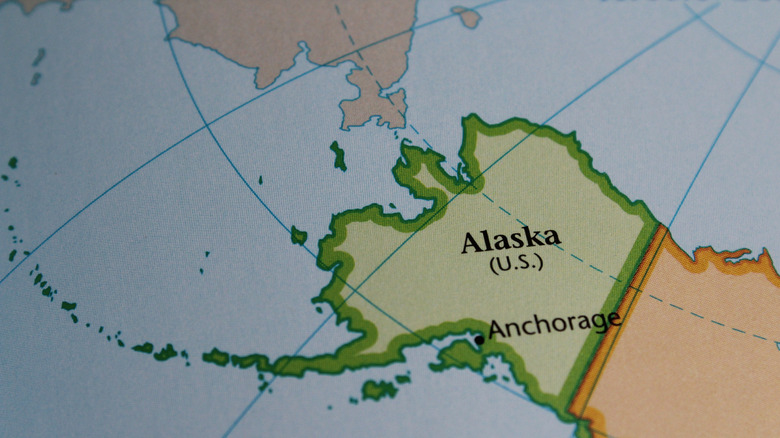 Close up of the USA on a map with Alaska in sharp focus. Alaska on a map