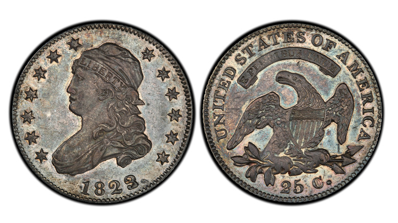 Side-by-side of 1823/2 Capped Bust quarter obverse and reverse, against white background, from PCGS.