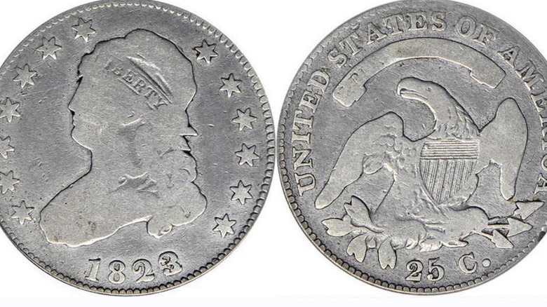 Side-by-side of a very worn 1823/2 Capped Bust quarter obverse and reverse, against white background, from PCGS.